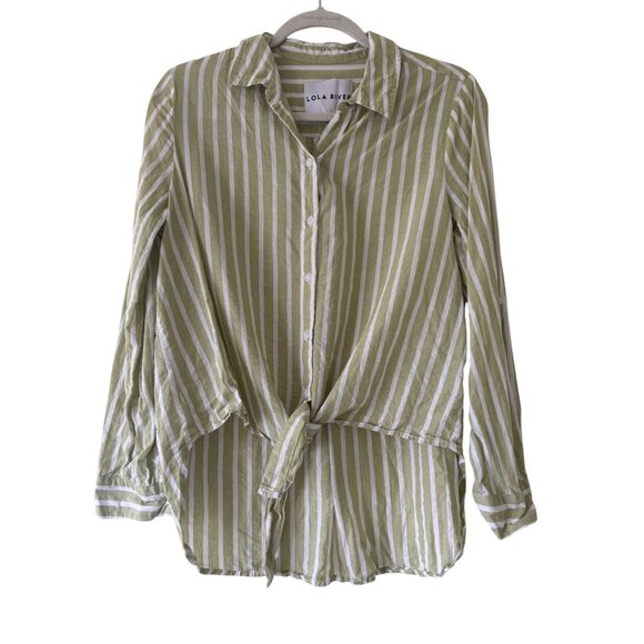 Lola River Green White Striped Button-Down Shirt With Tie-Front  Lightweight - Picture 3 of 14